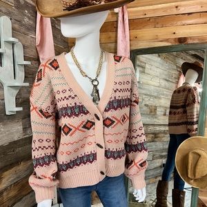 Tribal Pattern V Neck Wood Button Front Cardigan with Balloon Sleeve